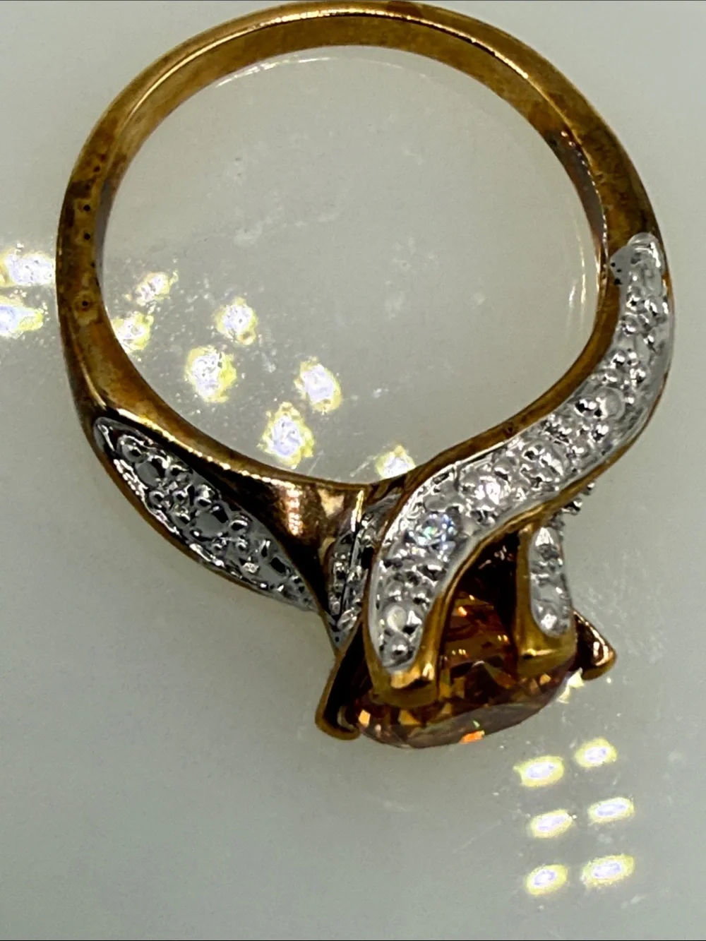 Vintage Gold-Tone plated Citrine Solitaire Ring Pavé Accents mixed metal glam
